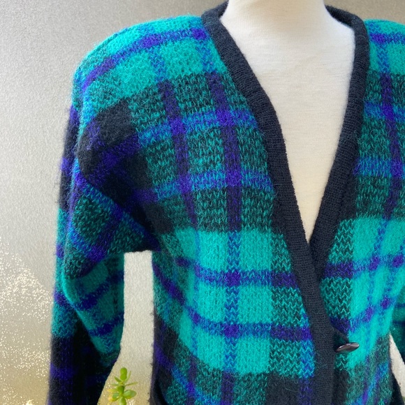 Price is Firm Vtg 80s plaid mohair wool cardigan sweater M - Picture 6 of 10